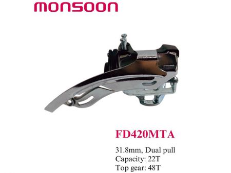 Bicycle Front Derailleur with Clamp-on Mount: 3-Speed Compatible for MTB and Road Bikes - Index Front Derailleur 31.8mm. dual pull. Capacity 22T. Top gear 48T