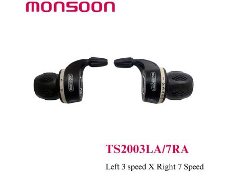 Thumb Shifter and Grip Shifter for Bicycles, 3 x 7 / 3 x 6 Speed Options - Index grip shifter. Left 3 speed and Right 7 Speed